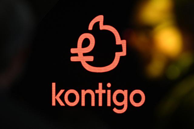 View of the “Kontigo” cryptocurrency app logo during an event to launch it, in Caracas on December 15, 2025. (Photo by Federico PARRA / AFP)