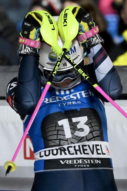 US' Paula Moltzan reacts in the finish area after competing in the second run of the FIS Alpine Skiing women's World Cup 2025-2026 slalom in Courchevel, French Alps, on December 16, 2025. (Photo by Jeff PACHOUD / AFP)