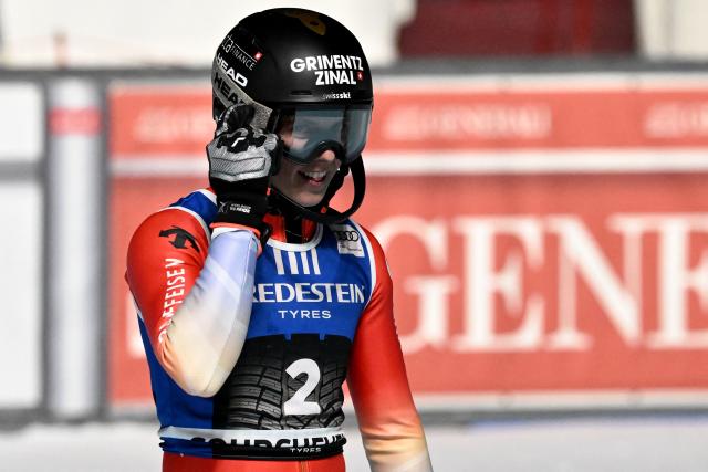 Switzerland's Camille Rast reacts in the finish area after competing in the second run of the FIS Alpine Skiing women's World Cup 2025-2026 slalom in Courchevel, French Alps, on December 16, 2025. (Photo by Jeff PACHOUD / AFP)