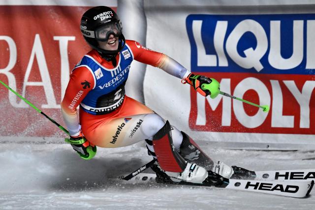 Switzerland's Camille Rast reacts in the finish area after competing in the second run of the FIS Alpine Skiing women's World Cup 2025-2026 slalom in Courchevel, French Alps, on December 16, 2025. (Photo by Jeff PACHOUD / AFP)