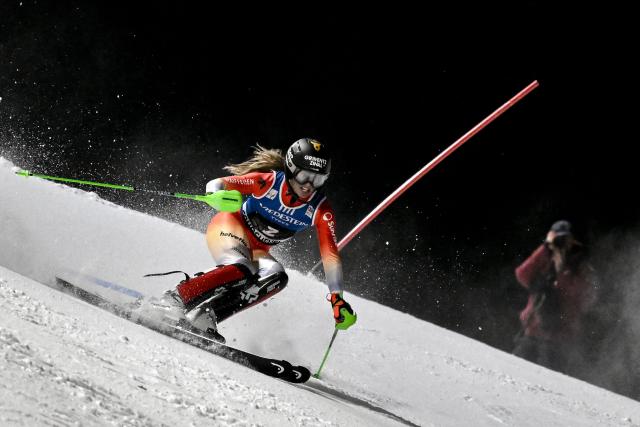 Switzerland's Camille Rast competes in the second run of the FIS Alpine Skiing women's World Cup 2025-2026 slalom in Courchevel, French Alps, on December 16, 2025. (Photo by Jeff PACHOUD / AFP)