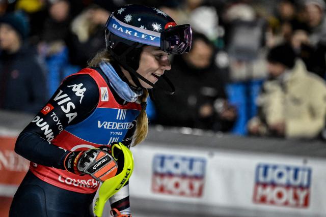 US' Mikaela Shiffrin reacts in the finish area after competing in the second run of the FIS Alpine Skiing women's World Cup 2025-2026 slalom in Courchevel, French Alps, on December 16, 2025. (Photo by Jeff PACHOUD / AFP)