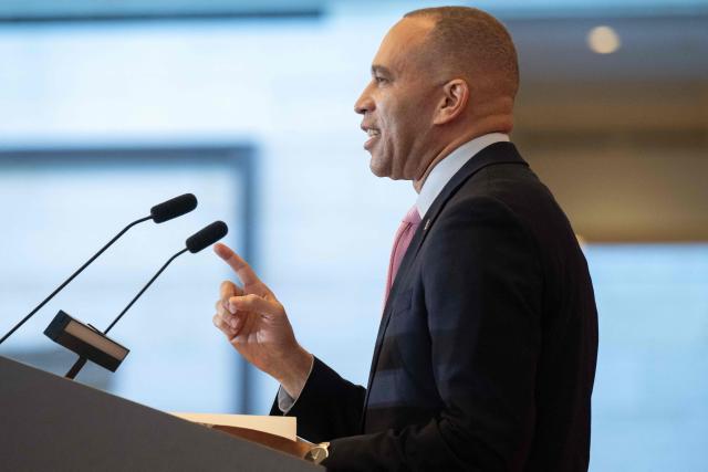 US House Minority Leader Hakeem Jeffries (D-NY) speaks during a dedication and unveiling of a statue of civil rights activist Barbara Rose Johns of Virginia, in Emancipation Hall on Capitol Hill in Washington, DC, December 16, 2025. In 1951, a 16-year-old Johns, led a walkout at her segregated high school, and now her statue replaces one of confederal General Robert E. Lee, which was removed from the Capitol in 2020. (Photo by SAUL LOEB / AFP)
