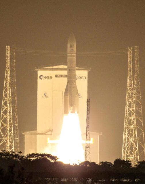 The European Space Agency (ESA) Ariane 6 rocket carrying two Galileo satellites for the the EU's Global Navigation Satellite System (GNSS) launches at the Guiana Space Centre in Kourou, on the French overseas department of Guiana, on December 17, 2025. (Photo by Ronan Liétar / AFP)