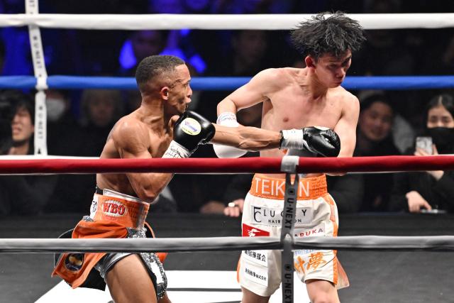 Puerto Rico's Rene Santiago (L) and Japan's Kyosuke Takami fight during the WBA and WBO light flyweight unification match at Ryogoku Kokugikan in Tokyo on December 17, 2025. (Photo by Kazuhiro NOGI / AFP)