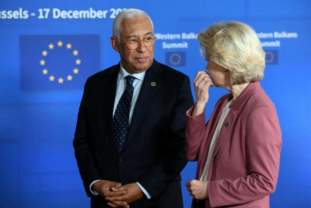 European Council President Antonio Costa (L) and Van European Commission President Ursula Von der Leyen (R) wait for the arrival of officials to attend the EU Western Balkans summit ahead of the European Council in Brussels on December 17, 2025. (Photo by NICOLAS TUCAT / AFP)