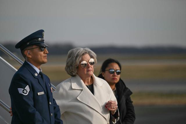White House Chief of Staff Susie Wiles steps off Air Force One at Dover Air Force Base in Delaware on December 17, 2025 as US President Donald Trump attends the return of the remains of two Iowa National Guard members killed in an attack in Syria during a ceremony. (Photo by ANDREW CABALLERO-REYNOLDS / AFP)