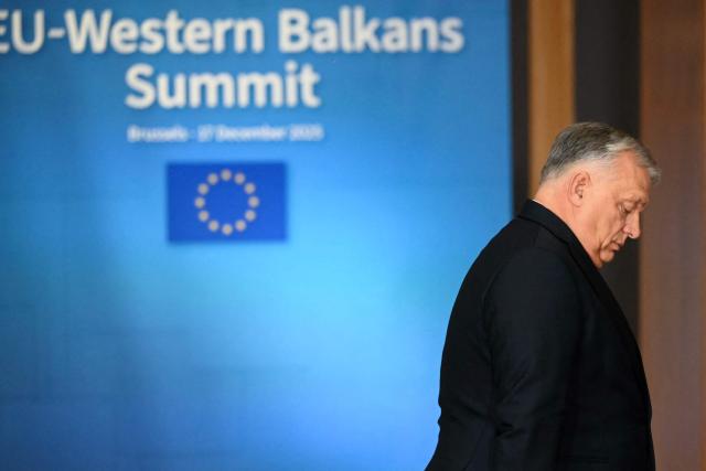 Hungary's Prime Minister Viktor Orban arrives to attend the EU Western Balkans summit ahead of the European Council in Brussels on December 17, 2025. (Photo by NICOLAS TUCAT / AFP)