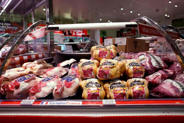 This photograph shows meats on display at the multinational wholesale chain 'Metro' flagship store in Nanterre during a press visit, in western Paris, on December 17, 2025. (Photo by Charlotte SIEMON / AFP)