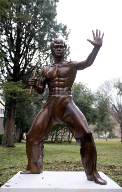 This photograph shows a restored statue honoring late martial arts legend Bruce Lee after returning to it's original location more than a year after it was stolen, in southern Bosnian city of Mostar, on December 17, 2025. The life-size bronze statue of the kung-fu cinema icon was originally unveiled in a park in Mostar in 2005 and has been vandalized several times since. Lee was chosen as a hero that all ethnic groups could relate to in a town that remains deeply divided after fierce fighting between Bosnian Croats and Bosnian Muslims during the country's 1992-95 war. (Photo by AFP)