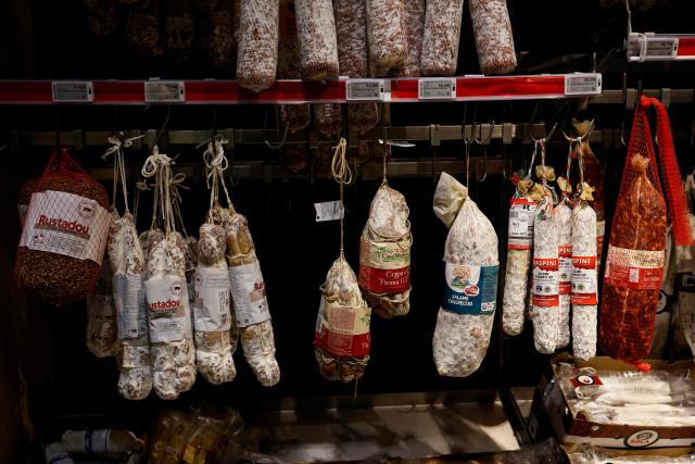 This photograph shows Charcuterie products displayed in the multinational wholesale chain 'Metro' flagship store in Nanterre during a press visit, in western Paris, on December 17, 2025. (Photo by Charlotte SIEMON / AFP)