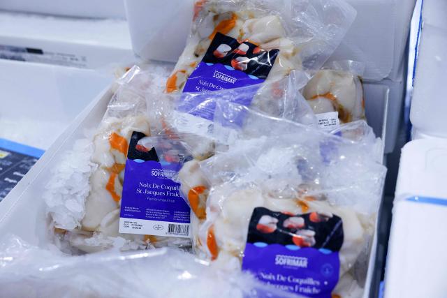 This photograph shows scallop medallions displayed in the multinational wholesale chain 'Metro' flagship store in Nanterre during a press visit, in western Paris, on December 17, 2025. (Photo by Charlotte SIEMON / AFP)