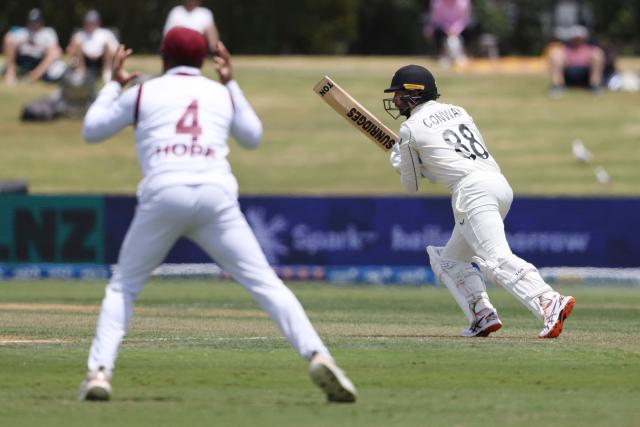New Zealand’s Devon Conway bats during day one of the 3rd international Test cricket match between New Zealand and West Indies at Bay Oval in Mount Maunganui on December 18, 2025. (Photo by Michael Bradley / AFP)