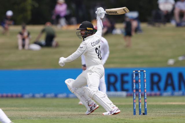 New Zealand’s Devon Conway bats during day one of the 3rd international Test cricket match between New Zealand and West Indies at Bay Oval in Mount Maunganui on December 18, 2025. (Photo by Michael Bradley / AFP)