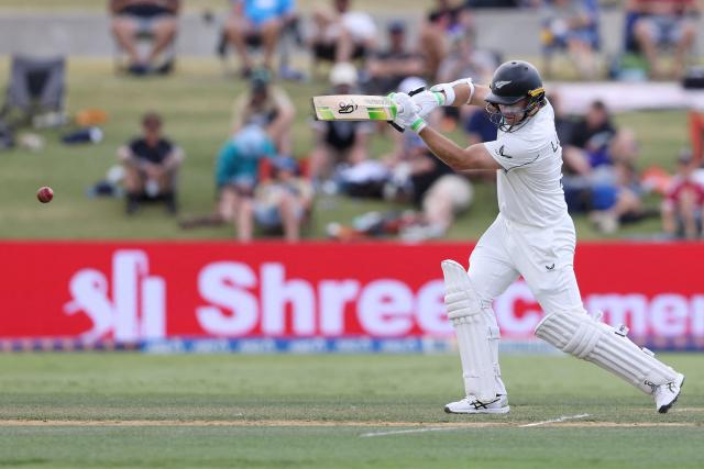 New Zealand’s Tom Latham bats during day one of the third international Test cricket match between New Zealand and West Indies at Bay Oval in Mount Maunganui on December 18, 2025. (Photo by Michael Bradley / AFP)