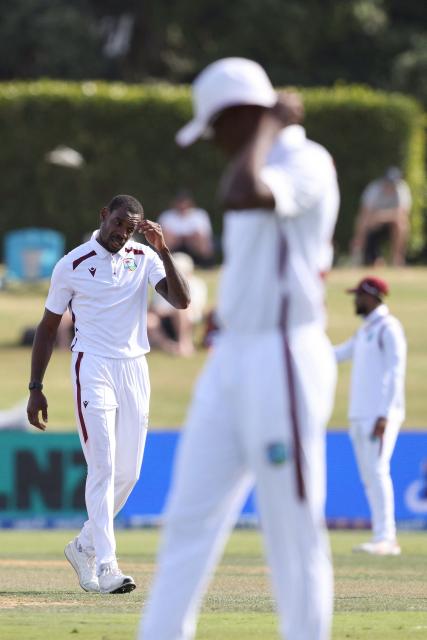 West Indies' Justin Greaves reacts after bowling during day one of the 3rd international Test cricket match between New Zealand and West Indies at Bay Oval in Mount Maunganui on December 18, 2025. (Photo by Michael Bradley / AFP)