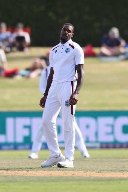 West Indies' Justin Greaves reacts after bowling during day one of the 3rd international Test cricket match between New Zealand and West Indies at Bay Oval in Mount Maunganui on December 18, 2025. (Photo by Michael Bradley / AFP)