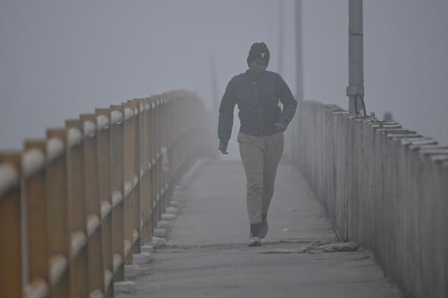 A woman walks along a path amid heavy smog during morning hours in New Delhi on December 18, 2025. (Photo by Arun SANKAR / AFP)