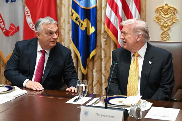 (FILES) US President Donald Trump (R) and Hungarian Prime Minister Viktor Orban meet in the Cabinet Room of the White House in Washington, DC on November 7, 2025. With four months to go until key Hungarian elections, mounting public outrage over perceived inaction on child abuse allegations in state-run institutions is shrinking Prime Minister Viktor Orban's chances to hold onto power. That scandal has shaken the nationalist leader's tight grip on power and helped fuel the rise of Hungarian opposition leader Peter Magyar, a former government insider. (Photo by SAUL LOEB / AFP)