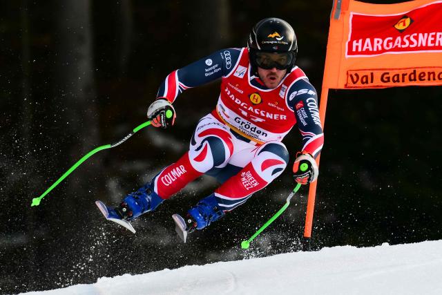 France’s Nils Allиgre competes in the men's Downhill, replacing the Beaver Creek competition, during the FIS Alpine Ski World Cup in Val Gardena on December 18, 2025. The Italian organizers have indeed agreed to host on their course one of the two downhill races scheduled last month in Beaver Creek (United States), which was canceled due to weather conditions. (Photo by Stefano RELLANDINI / AFP)
