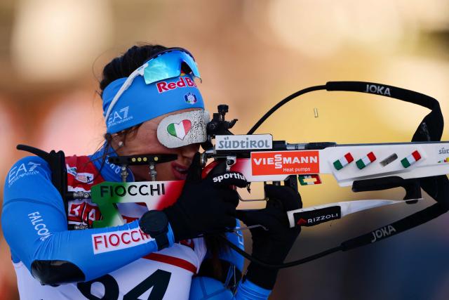 Italy's Dorothea Wierer trains before the women's 7.5km sprint event of the IBU Biathlon World Cup in Le Grand Bornand, near Annecy, southeastern France, on December 18, 2025. (Photo by Olivier CHASSIGNOLE / AFP)