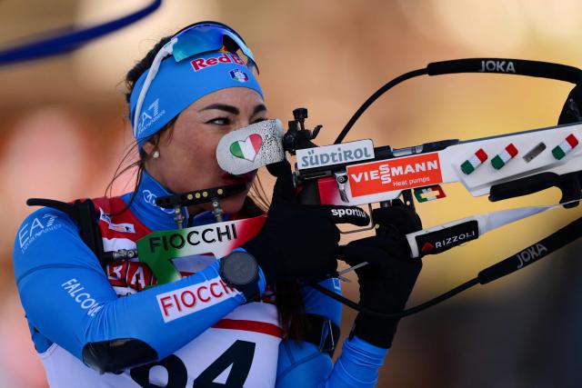 Italy's Dorothea Wierer trains before the women's 7.5km sprint event of the IBU Biathlon World Cup in Le Grand Bornand, near Annecy, southeastern France, on December 18, 2025. (Photo by Olivier CHASSIGNOLE / AFP)
