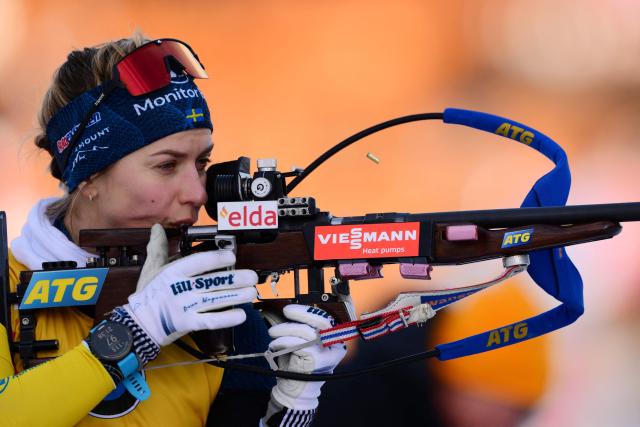 Sweden's Anna Magnusson trains before the women's 7.5km sprint event of the IBU Biathlon World Cup in Le Grand Bornand, near Annecy, southeastern France, on December 18, 2025. (Photo by Olivier CHASSIGNOLE / AFP)