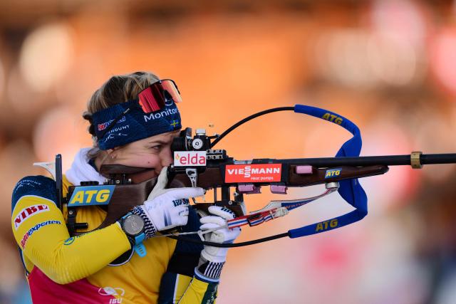 Sweden's Anna Magnusson trains before the women's 7.5km sprint event of the IBU Biathlon World Cup in Le Grand Bornand, near Annecy, southeastern France, on December 18, 2025. (Photo by Olivier CHASSIGNOLE / AFP)