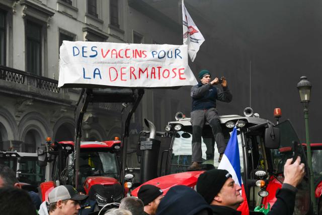 A farmer sits on a tractor next to a banner reading "Vaccins for lumpy skin disease (LSD) - "dermatose nodulaire contagieuse" -" as smoke rises near the European Parliament at the Place du Luxembourg, during a farmers' protest to denounce the reforms of the Common Agricultural Policy (CAP) and trade agreements such as the Mercosur, in Brussels, on December 18, 2025, organised by Copa-Cogeca, the main association representing farmers and agricultural cooperatives in the EU. EU Farmers, particularly in France, worry the Mercosur deal -- which will be discussed at the EU leaders meeting -- will see them undercut by a flow of cheaper goods from agricultural giant Brazil and its neighbours. They also oppose plans put forward by the European Commission to overhaul the 27-nation bloc's huge farming subsidies, fearing less money will flow their way. (Photo by NICOLAS TUCAT / AFP)