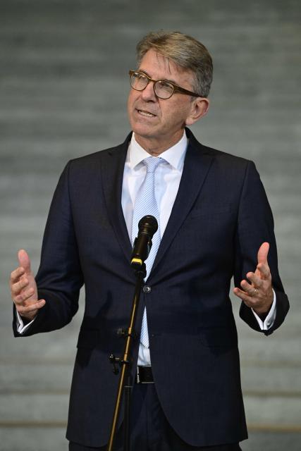 German State Minister for Culture and Media Wolfram Weimer  gives a statement following a meeting with German musicians to discuss the effects of music streaming at the Chancellery in Berlin on December 18, 2025. (Photo by John MACDOUGALL / AFP)