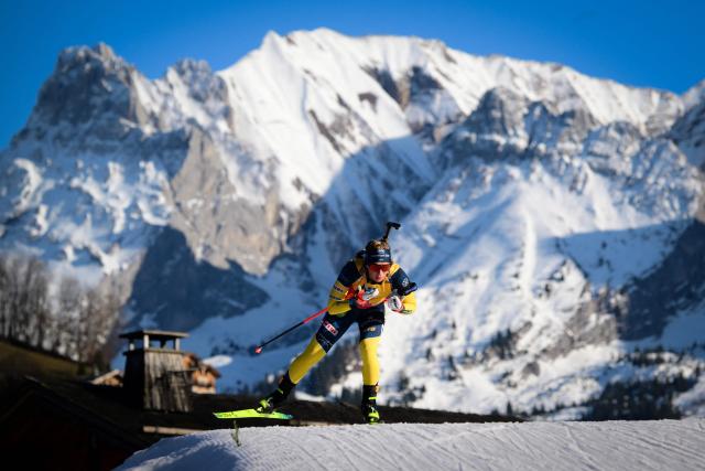 Sweden's Anna Magnusson competes during the women's 7.5km sprint event of the IBU Biathlon World Cup in Le Grand Bornand, near Annecy, southeastern France, on December 18, 2025. (Photo by Olivier CHASSIGNOLE / AFP)