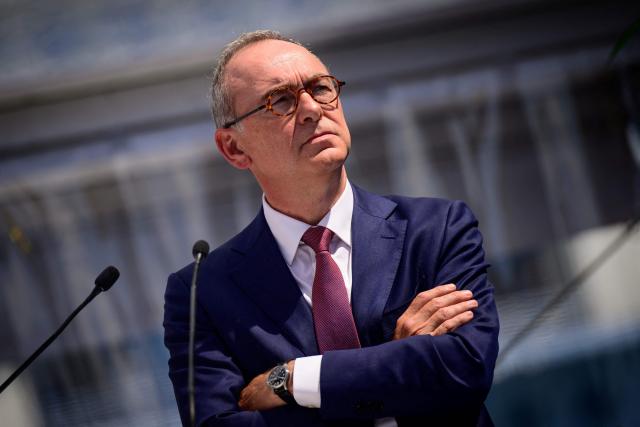 (FILES) RTE management board director Xavier Piechaczyk delivers a speech prior to the signature of a contract on direct current on offshore powerplants, at the "Chantiers de l'Atlantique" shipyards in Saint-Nazaire, western France, on May 2, 2024. French President proposes appointing Xavier Piechaczyk as the new President of Autonomous Management of Parisian Transport (RATP - Regie Autonome des Transports Parisiens) on December 18, 2025. (Photo by LOIC VENANCE / AFP)