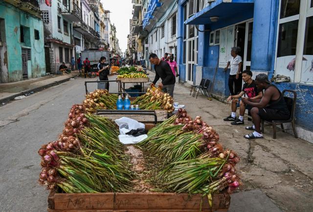 This view shows a small stall selling onions and fruit on a street in Havana on December 18, 2025. (Photo by YAMIL LAGE / AFP)