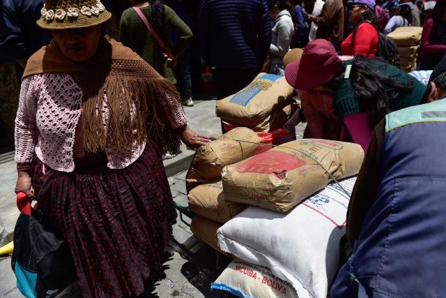 A Bolivian woman walks next to sacks of food at a local market in La Paz on December 18, 2025. Bolivia's President Rodrigo Paz announced on December 17, 2025, the country will get rid of its fuel subsidies, ending 20 years of fixed prices under the Latin American nation's previous leftist leaders. (Photo by Jorge BERNAL / AFP)