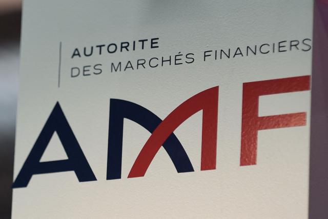 (FILES) This photograph taken on November 23, 2017, shows the logo of France's stock market regulator AMF at the Actionaria fair in Paris. The Enforcement Committee of France’s Financial Markets Authority (AMF) announced on December 18, 202 that it had fined Caceis, the custodian bank subsidiary of Crйdit Agricole, Ђ3.5 million for breaches of its professional obligations related to the H2O affair, an asset management firm implicated in dubious investments. (Photo by ERIC PIERMONT / AFP)