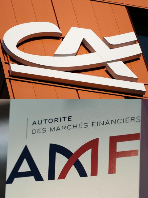 (COMBO) This combination of files pictures created on December 18, 2025 shows a logo of Credit agricole, in Strasbourg, eastern France, on August 24, 2024 and the logo of France's stock market regulator AMF at the Actionaria fair in Paris on November 23, 2017. The Enforcement Committee of France’s Financial Markets Authority (AMF) announced on December 18, 202 that it had fined Caceis, the custodian bank subsidiary of Crйdit Agricole, Ђ3.5 million for breaches of its professional obligations related to the H2O affair, an asset management firm implicated in dubious investments. (Photo by Abdesslam MIRDASS and ERIC PIERMONT / AFP)