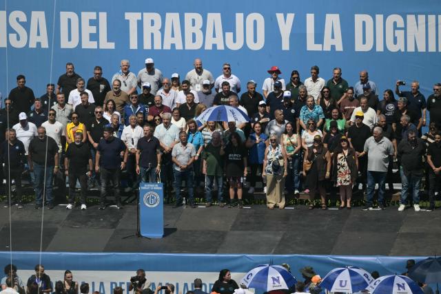 This view shows a protest organized by Argentine unions at Plaza de Mayo in Buenos Aires on December 18, 2025. People protested on December 18, against the labor reform promoted by Argentina’s ultraliberal President Javier Milei, in a demonstration called by the country’s main labor union. It was the first protest against the initiative, held outside the government palace in Buenos Aires. (Photo by Juan Mabromata / AFP)
