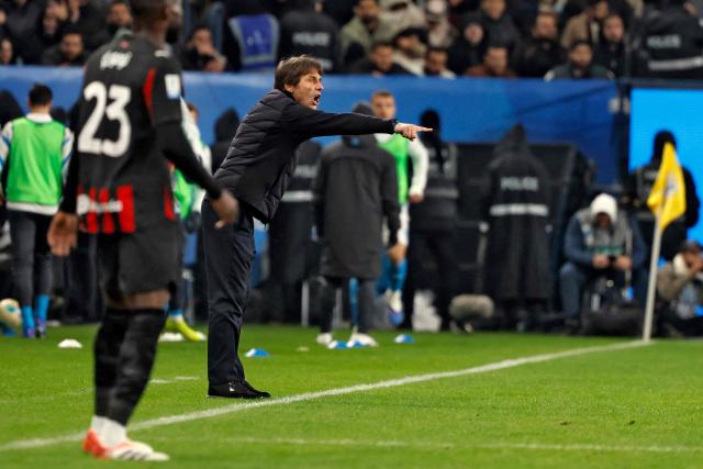 SCC Napoli's coach Antonio Conte shouts instructions during the Italian Super Cup semi-final match between SCC Napoli and AC Milan at King Saud University Stadium in Riyadh on December 18, 2025. (Photo by Fayez Nureldine / AFP)