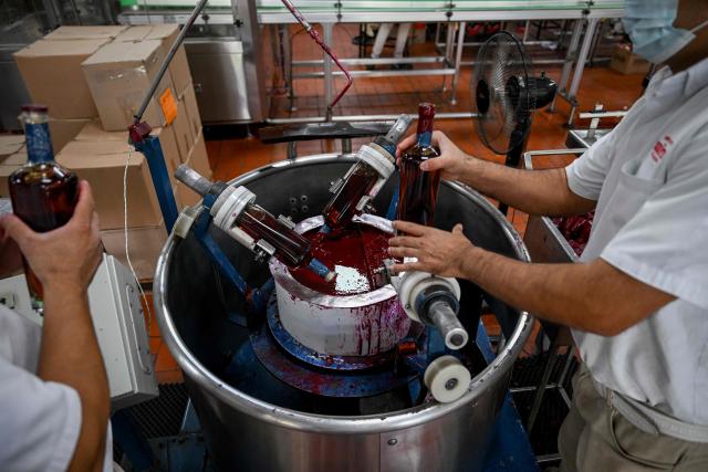 Employees work on the production line at the Santa Teresa rum factory in La Victoria, Aragua state, Venezuela, on December 17, 2025. (Photo by Federico PARRA / AFP)