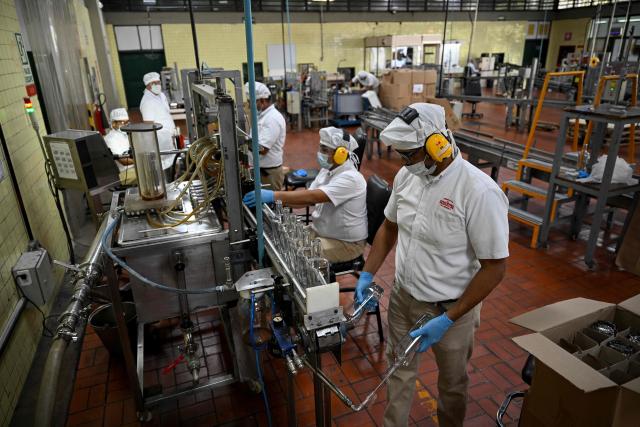 Employees work on the bottle-filling line at the Santa Teresa rum factory in La Victoria, Aragua state, Venezuela, on December 17, 2025. (Photo by Federico PARRA / AFP)
