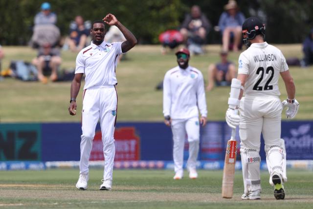 West Indies Justin Greaves reacts after bowling to New Zealand’s Kane Williamson (R) during day two of the 3rd international Test cricket match between New Zealand and West Indies at Bay Oval in Mount Maunganui on December 19, 2025. (Photo by Michael Bradley / AFP)