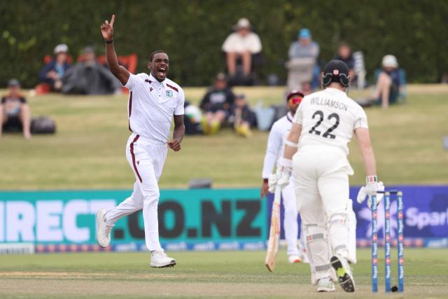 West Indies' Justin Greaves celebrates the wicket of New Zealand’s Kane Williamson during day two of the 3rd international Test cricket match between New Zealand and West Indies at Bay Oval in Mount Maunganui on December 19, 2025. (Photo by Michael Bradley / AFP)