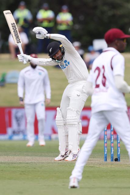 New Zealand’s Devon Conway dodges a delivery during day two of the 3rd international Test cricket match between New Zealand and West Indies at Bay Oval in Mount Maunganui on December 19, 2025. (Photo by Michael Bradley / AFP)