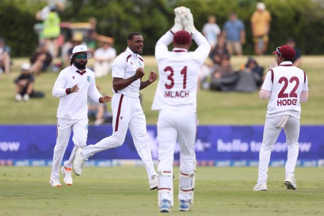 West Indies' Justin Greaves celebrates the wicket of New Zealand’s Kane Williamson during day two of the 3rd international Test cricket match between New Zealand and West Indies at Bay Oval in Mount Maunganui on December 19, 2025. (Photo by Michael Bradley / AFP)