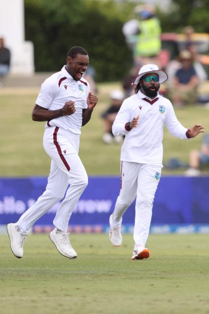 West Indies' Justin Greaves celebrates the wicket of New Zealand’s Kane Williamson during day two of the 3rd international Test cricket match between New Zealand and West Indies at Bay Oval in Mount Maunganui on December 19, 2025. (Photo by Michael Bradley / AFP)