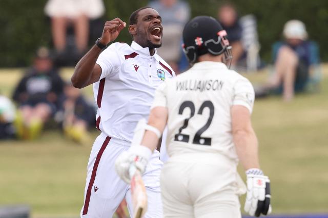 West Indies' Justin Greaves celebrates the wicket of New Zealand’s Kane Williamson during day two of the 3rd international Test cricket match between New Zealand and West Indies at Bay Oval in Mount Maunganui on December 19, 2025. (Photo by Michael Bradley / AFP)