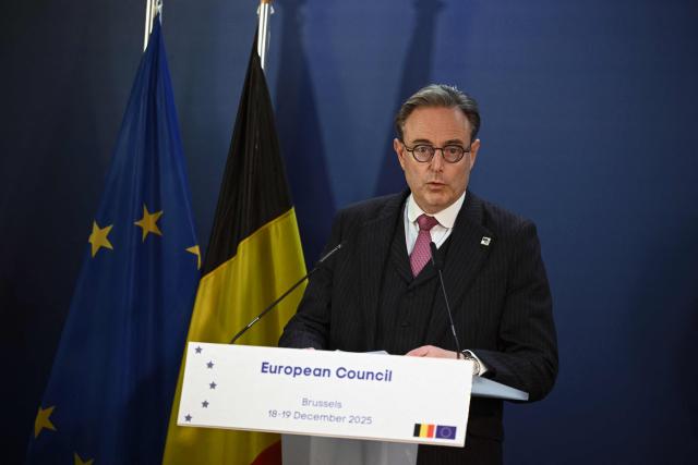 Belgium's Prime Minister Bart De Wever gives his final press conference at the end of the European Council meeting in Brussels, Belgium on December 19, 2025. (Photo by Nicolas TUCAT / AFP)