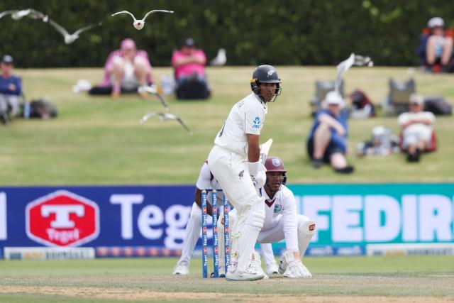 New Zealand’s Rachin Ravindra bats during day two of the 3rd international Test cricket match between New Zealand and West Indies at Bay Oval in Mount Maunganui on December 19, 2025. (Photo by Michael Bradley / AFP)
