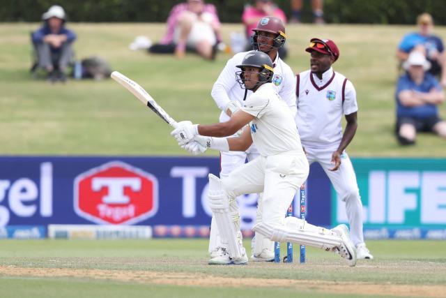 New Zealand’s Rachin Ravindra bats during day two of the 3rd international Test cricket match between New Zealand and West Indies at Bay Oval in Mount Maunganui on December 19, 2025. (Photo by Michael Bradley / AFP)