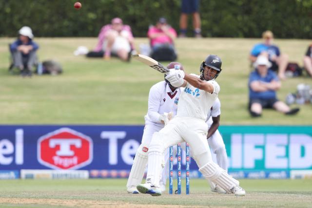 New Zealand’s Rachin Ravindra bats during day two of the 3rd international Test cricket match between New Zealand and West Indies at Bay Oval in Mount Maunganui on December 19, 2025. (Photo by Michael Bradley / AFP)